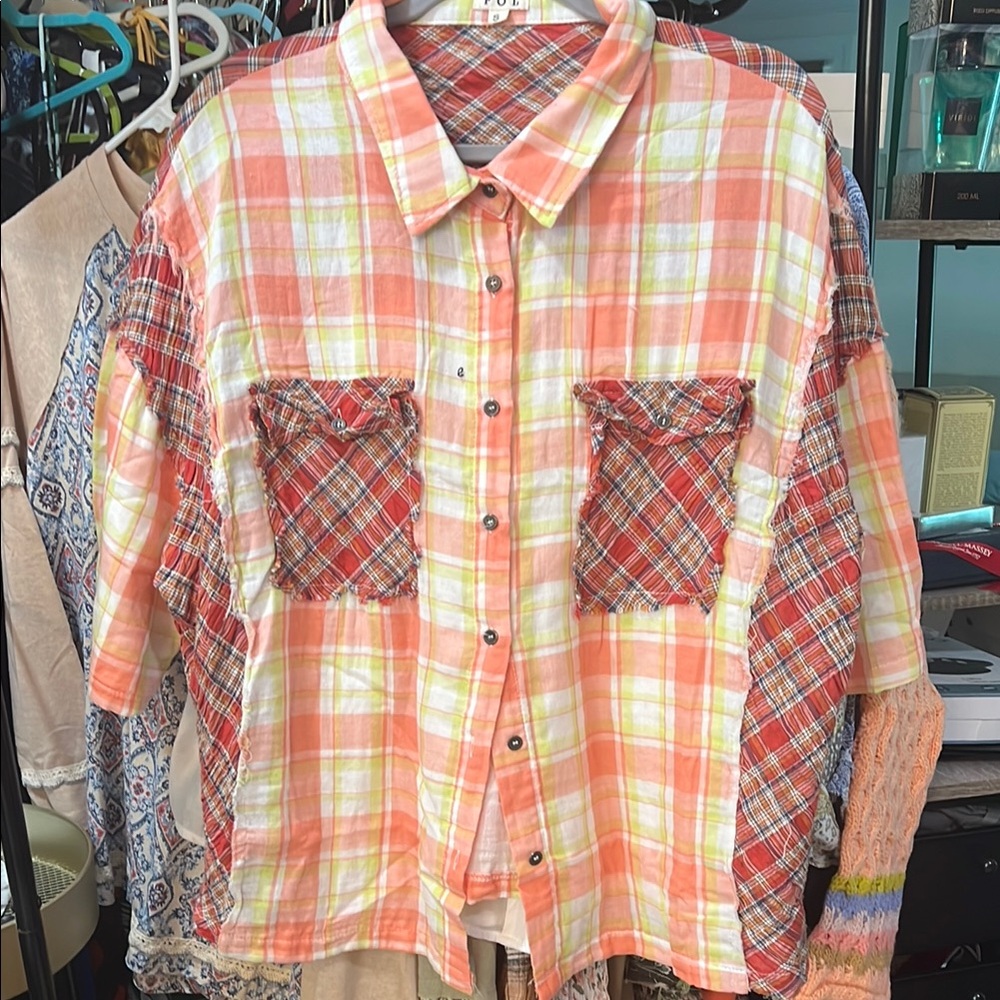 Plaid Button-Up Shirt - Orange and Yellow